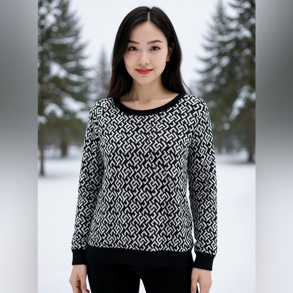 Bobeau Sweater white black geometric print XL spandex boat neck long sleeve ribs